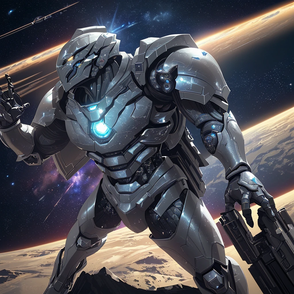 a highly detailed armored warrior posing in space, star light glimmering, masterpiece, ultra-detailed, 8k, (best quality:1.2), (realistic:1.37), cinematic lighting, dramatic angles, intricate futuristic armor, high tech weaponry, epic scale, dynamic action pose, dramatic sci-fi atmosphere, vivid colors, dramatic lighting, photorealistic