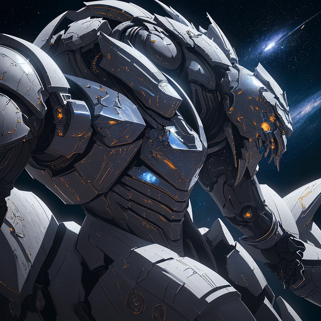 a highly detailed armored warrior posing in space, star light glimmering, masterpiece, ultra-detailed, 8k, (best quality:1.2), (realistic:1.37), cinematic lighting, dramatic angles, intricate futuristic armor, high tech weaponry, epic scale, dynamic action pose, dramatic sci-fi atmosphere, vivid colors, dramatic lighting, photorealistic