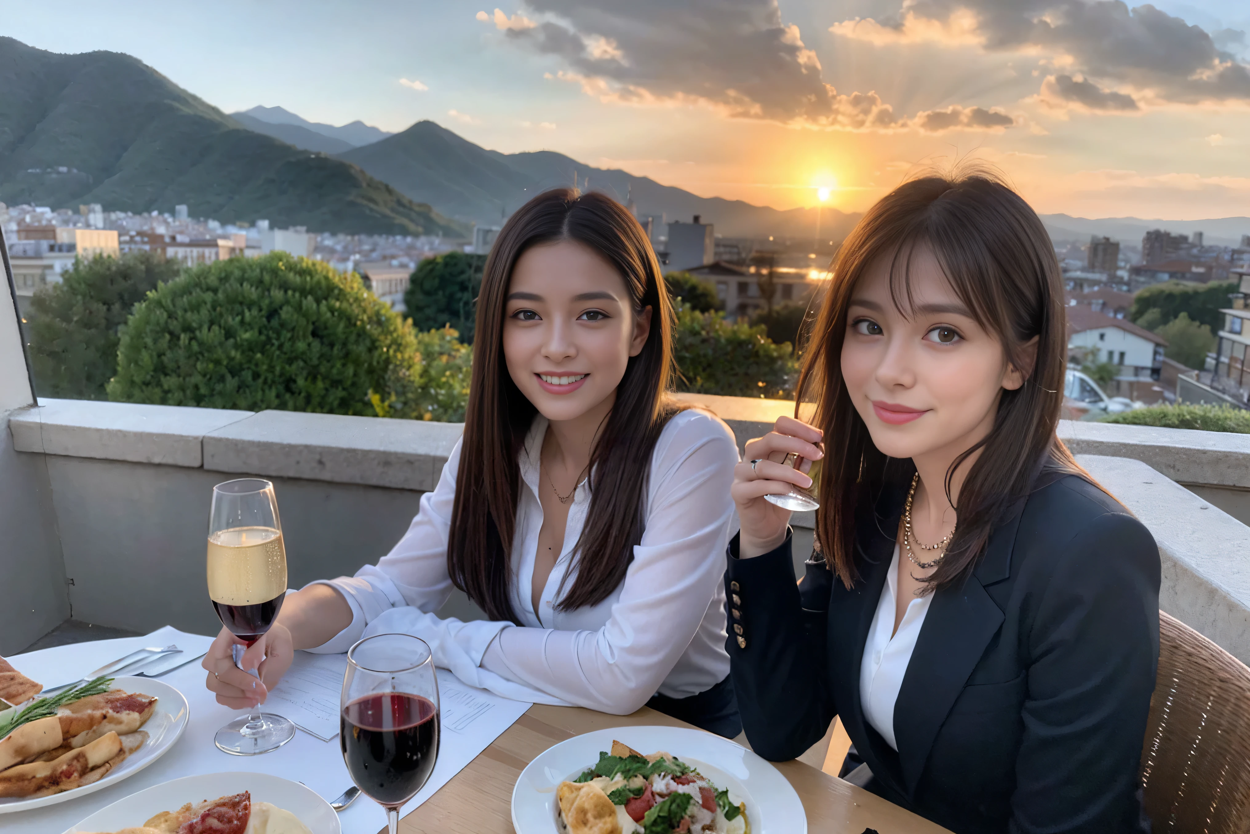 ((highest quality、8k、masterpiece:1.3))、1 male 1 female、spouse、Beautiful couple、smile、 (Slim face), (the body is スリム), (Brown Hair), (Shortcuts), ((Bob Hale、Straight hair:1.2)), Wine glass on the table、Please shine a light on my face、 Amazing view of the sunset sky and clouds、Amazing mountain views、The beauty of a smile、Bright image、Blushing, Shortcuts,Bright Face、 (42 years old), 39 years old, red wine 、Appetizers、Italian food、Wine bottle、Champagne、sparkling wine、Long sleeve shirt、dress、Attractive beauty、restaurant, Nova Frog Style, actress, model, Upper Body, White wine, red wine, wine glass,