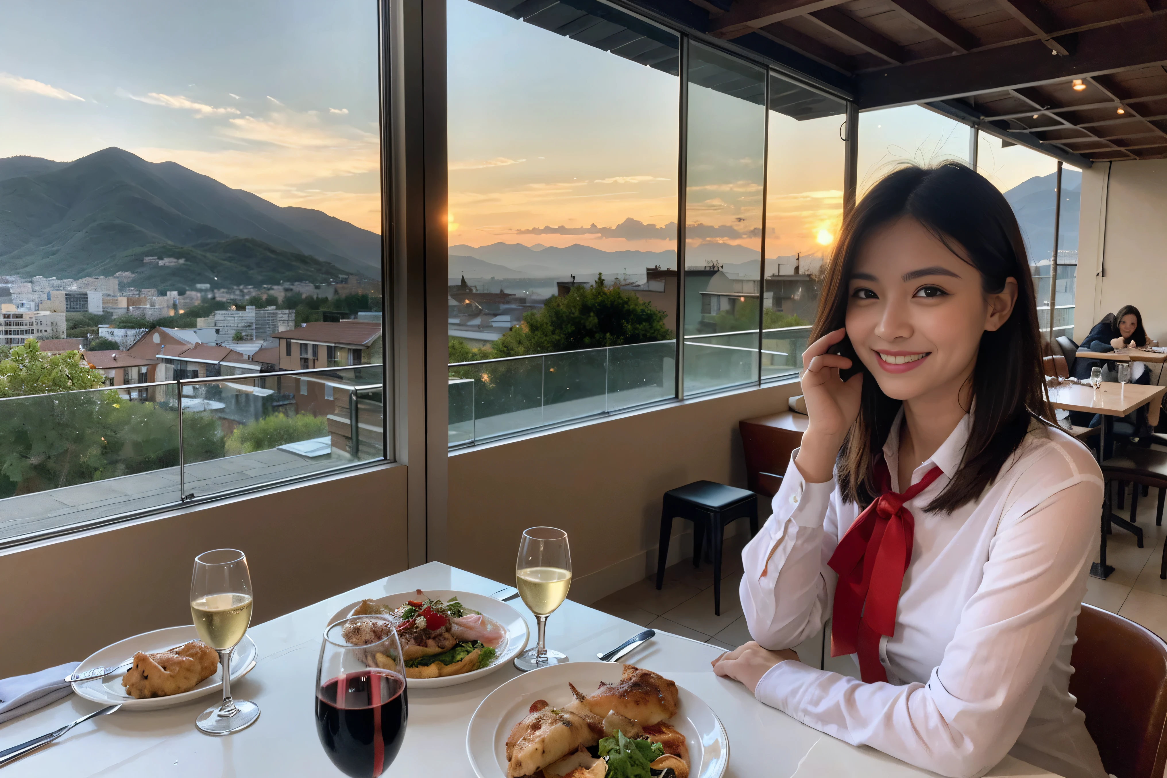 ((highest quality、8k、masterpiece:1.3))、1 male 1 female、spouse、Beautiful couple、smile、 (Slim face), (the body is スリム), (Brown Hair), (Shortcuts), ((Bob Hale、Straight hair:1.2)), Wine glass on the table、Please shine a light on my face、 Amazing view of the sunset sky and clouds、Amazing mountain views、The beauty of a smile、Bright image、Blushing, Shortcuts,Bright Face、 (42 years old), 39 years old, red wine 、Appetizers、Italian food、Wine bottle、Champagne、sparkling wine、Long sleeve shirt、dress、Attractive beauty、restaurant, Nova Frog Style, actress, model, Upper Body, White wine, red wine, wine glass, 