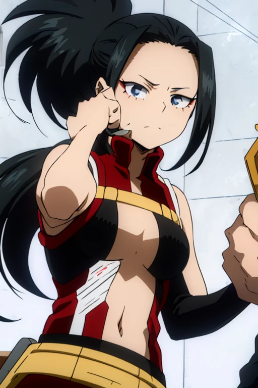 (Momo Yaoyorozu, a character from the anime series My Hero Academia, has long black hair, cat-shaped onyx eyes, and bangs on the right side of her face. Your hair is usually tied in a spiky ponytail),(Wearing),+,(a white blouse with pencil skirt)