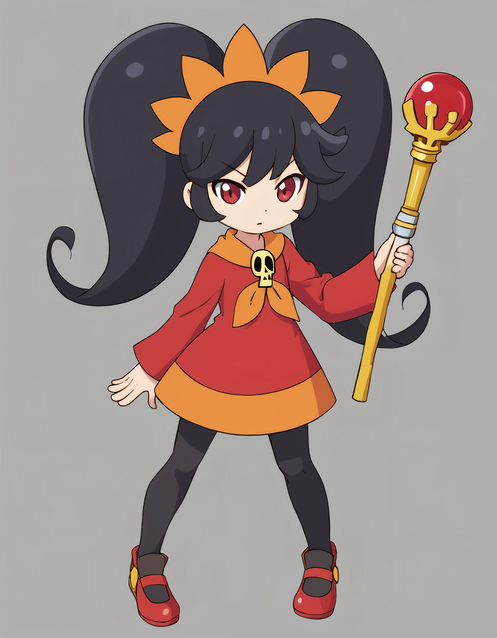 drgmd, ashleywario, 1girl, twintails, red eyes, long hair, black hair, dress, orange hairband, red dress, big hair, skull, shoes, pantyhose, hairband, black pantyhose, staff, wand, orange neckerchief, ( zPDXL BREAK , score_9, score_8_up, score_7_up:1)