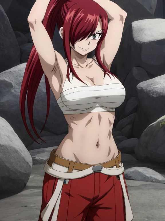 masterpiece, best quality, highres, anime style, anime official art,fairy tail, 1girl, long hair, red hair, ponytail, white ribbon, hair over one eye, brown eyes, seductive smile, large breasts, collarbone, armor, midriff, red hakama, red pants, cowboy shot, indoors, standing, arms up,armpits, armpits visible