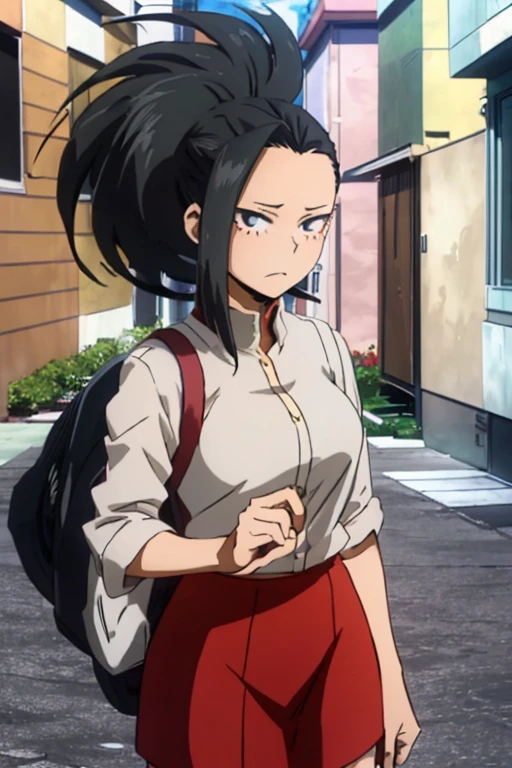 (Momo Yaoyorozu, a character from the anime series My Hero Academia, has long black hair, cat-shaped onyx eyes, and bangs on the right side of her face. Your hair is usually tied in a spiky ponytail),(Wearing),+,(a white blouse with pencil skirt)