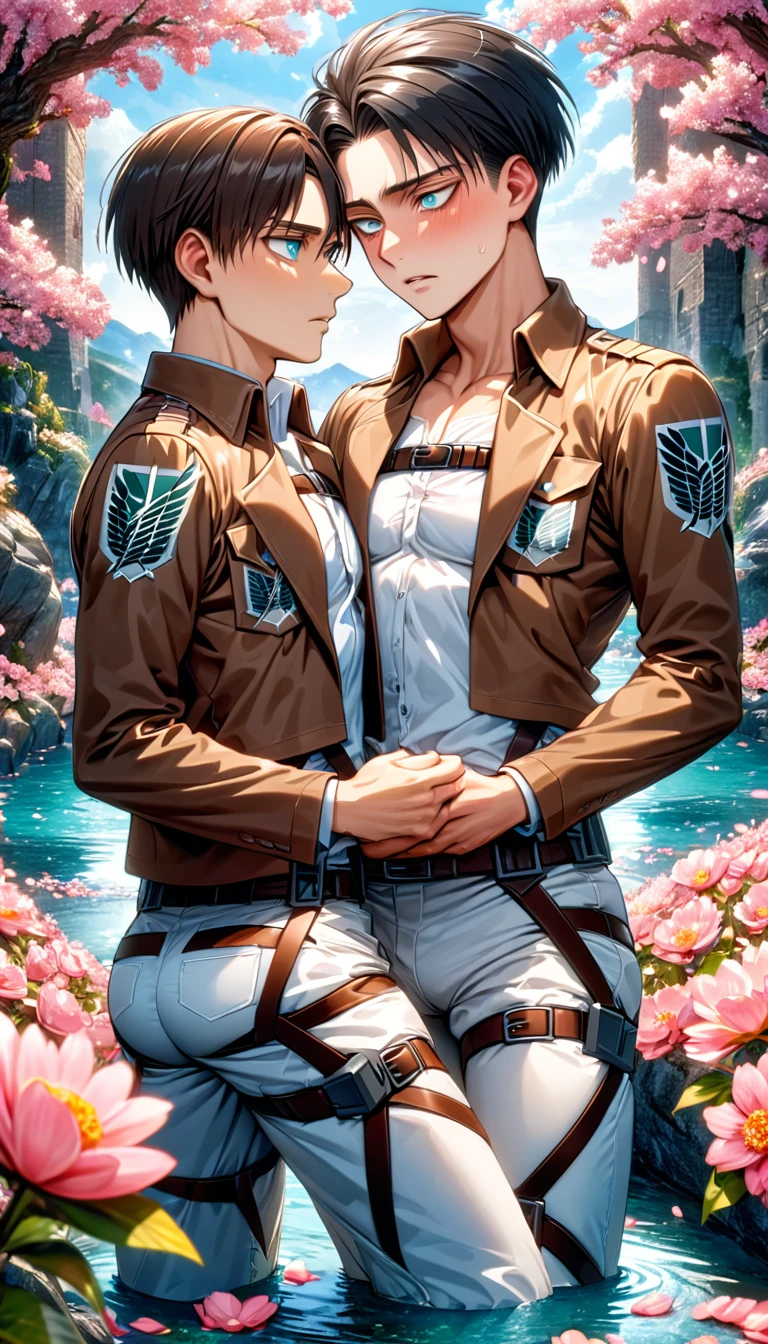 Ultra detailed, Highres, absurdres, HDR, master piece, Eren Jeager, brown hair, expressive turquoise eyes, Levi Ackerman, black hair, expressive silver eyes, Shingeki No Kyojin, two sexy man together, gay couple, love, extremely detailed eyes and face, water, pink flowers, blossoms, petals, fantasy, magic, best quality, sexy, toned chest, brown jacket, white shirt, handsome, yaoi, white pants