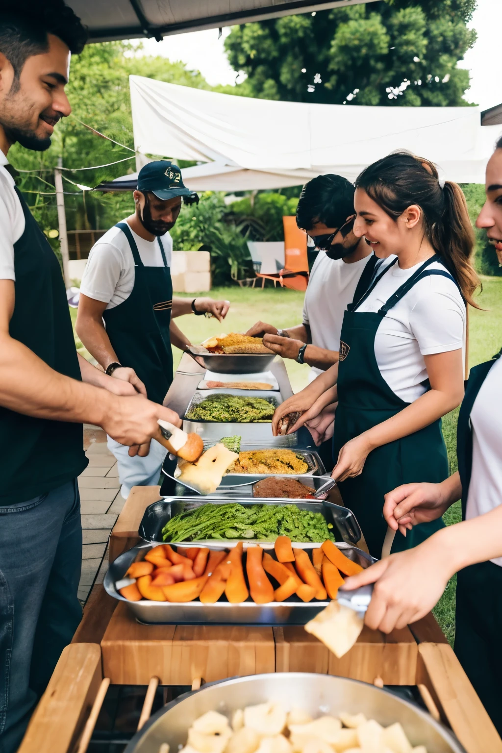 "Create a vibrant, engaging image that illustrates the relationship between a well-served, well-prepared barbecue and effective teamwork. A cena deve ser um churrasco ao ar livre, with several people working together harmoniously. Some details to include:
scenario: Um parque ou jardim bem iluminado com uma mesa de piquenique e uma churrasqueira ao fundo. O ambiente deve ser acolhedor e festivo.
Equipe: Diversas pessoas, de diferentes idades e etnias, collaborating on specific tasks:
Uma pessoa cuidando da grelha, com carne suculenta e vegetais sendo preparados.
Outra pessoa cortando vegetais ou preparando saladas na mesa de piquenique.
Someone serving cold drinks, como refrigerantes ou sucos.
Uma pessoa organizando pratos e talheres na mesa.