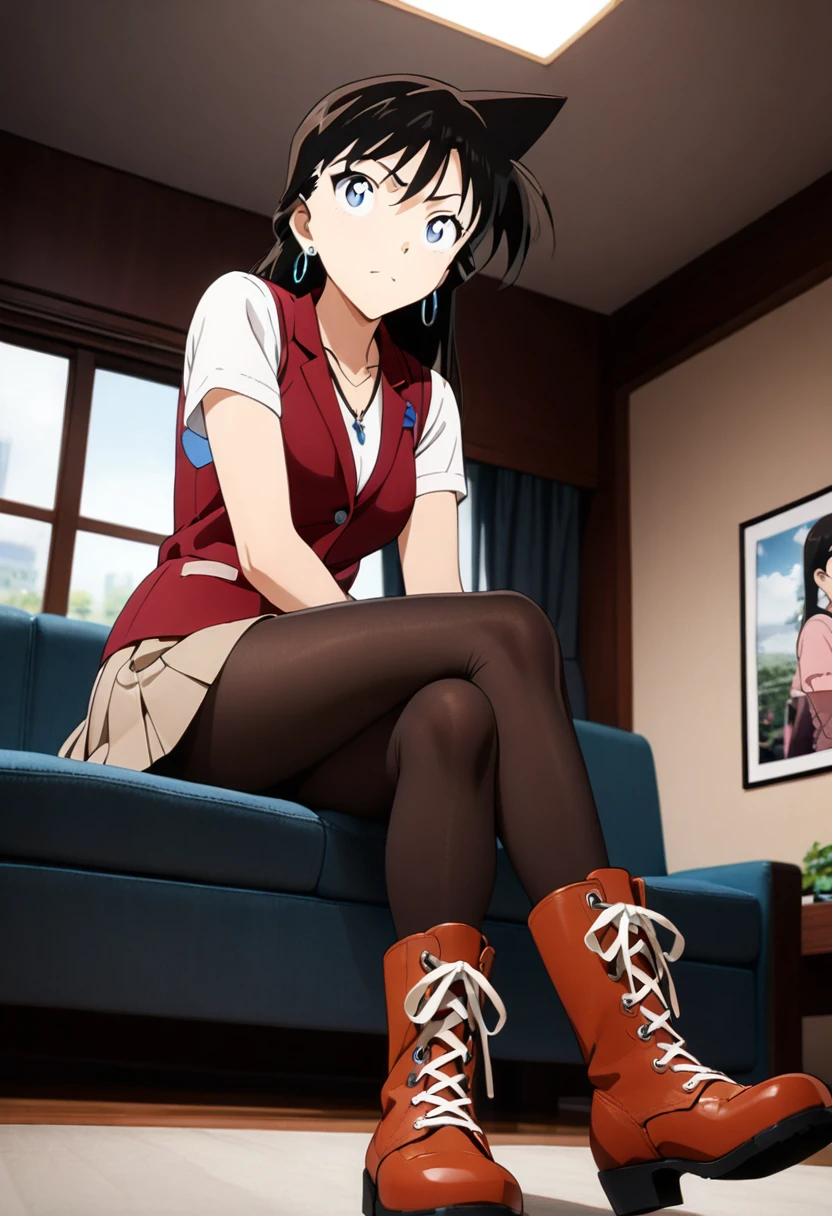 (masterpiece, best quality:1.2), ((Super detailed)), high resolution, Anime style , photo, photography, Detailed background,1 black hair beauty, Thunder and lightning, (Pantyhose), boots,Cowboy shooting, looking at the audience,A faint smile, earrings, skirt, Necklace, Vest, Cross your legs, from below, On the sofa, Windows, living room,