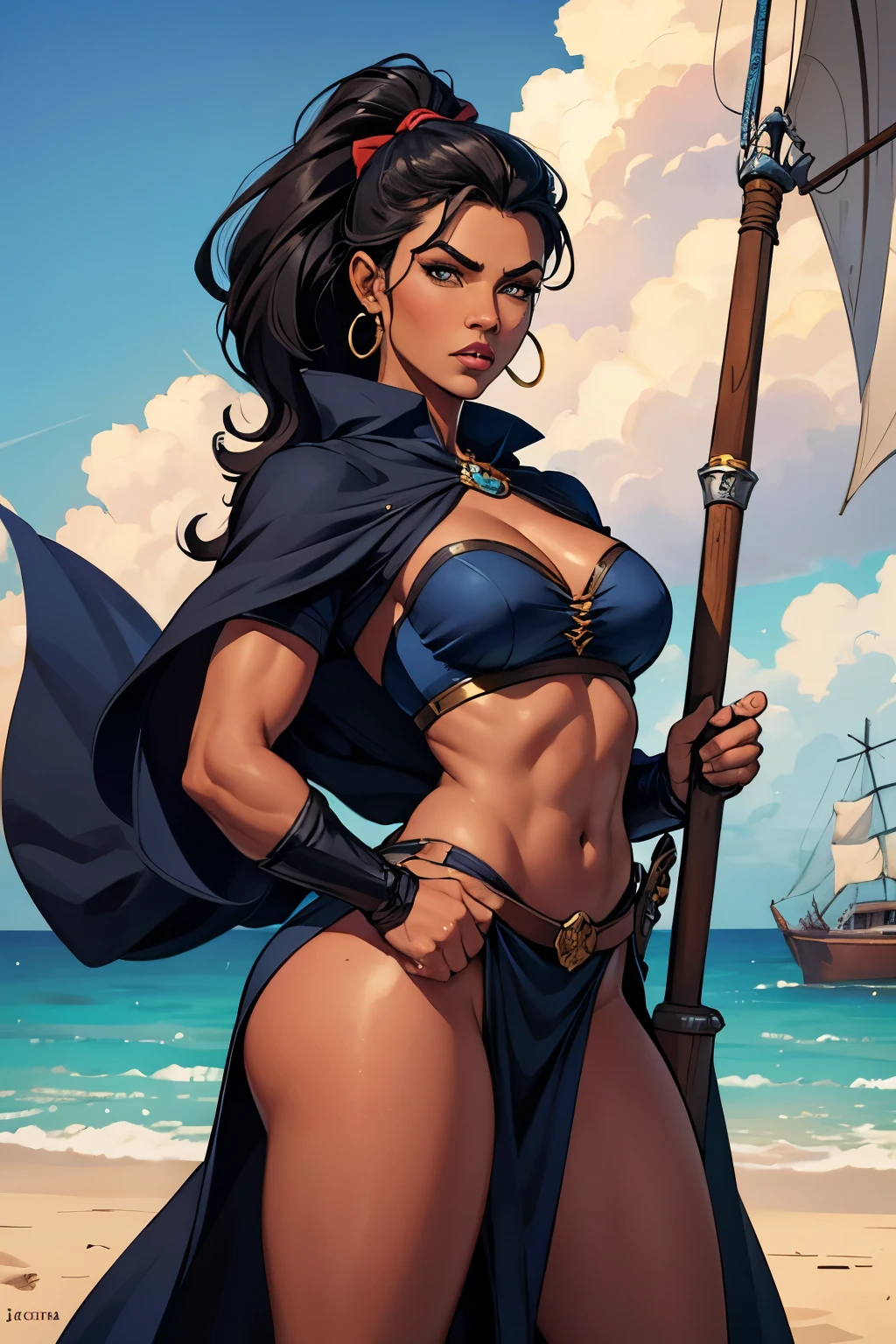 (SFW)Arte ricamente inspirada em John Buscema,1mulher de longos cabelos negros desgrenhados, olhos selvagens, medium breasts, cintura fina, dressed as a fierce buccaneer standing at the bow of her ship wielding a sharp saber, imponente e sedutora, linda mulher,cena detalhada,corpo inteiro
