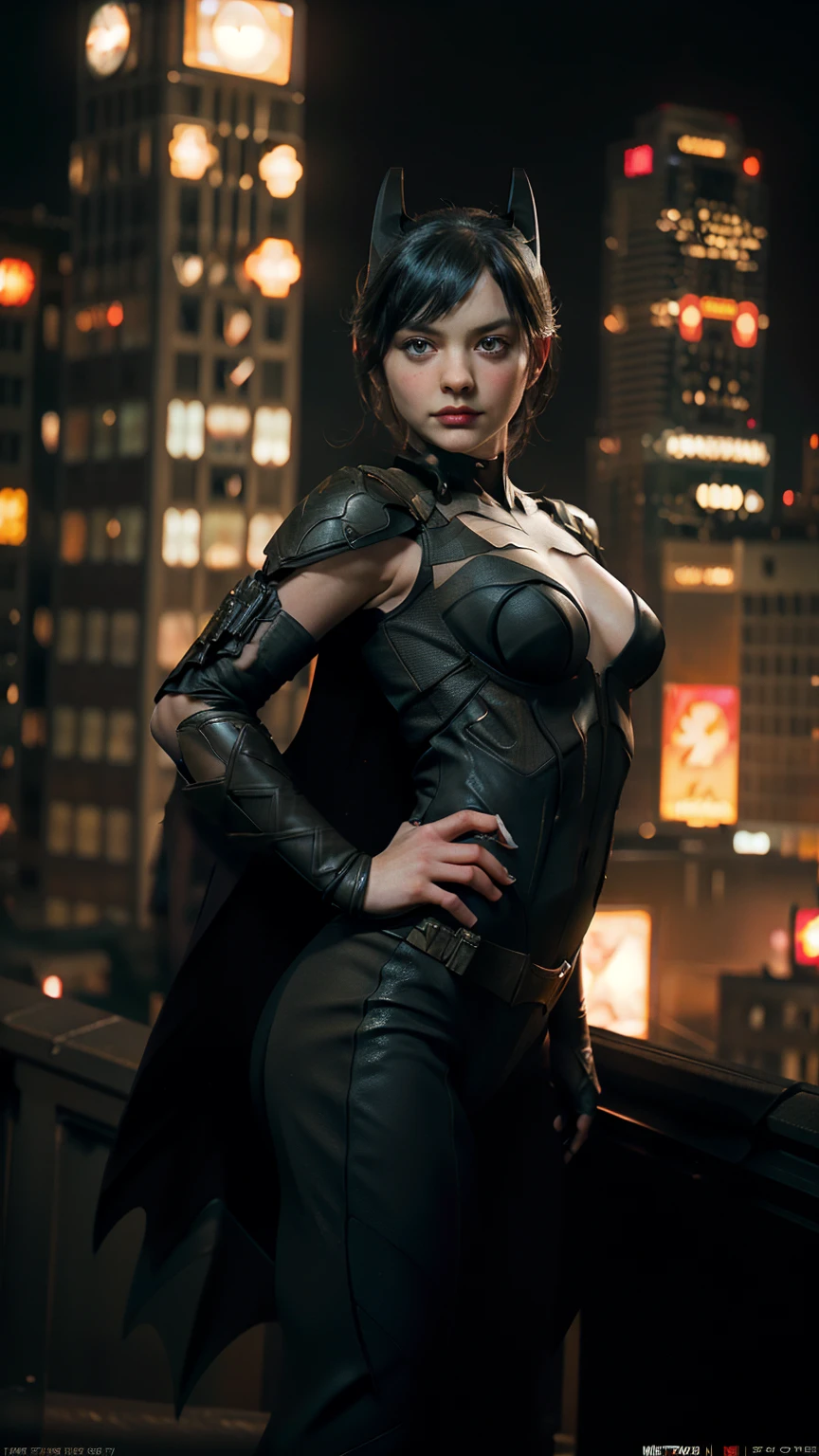 ((masterpiece, highest quality, High resolution, Realistic, to be born, 8k wallpaper)),standing in bikini style, (Standing in honor　shot）,A threatening posture with the body facing the camera, Very hot and sexy, Amazing beauty, Perfect balance, Beautiful body, Slim body beauty: 1.4), Batman standing on a rooftop overlooking the city skyline at night, Gotham city background, nighttime in Gotham city, Gotham city, From the movie Batman, Gotham city double exposure, Gotham city style, Batman film still, metropolis filmic Gotham city, Cyberpunk Batman, Batman movie stills, Batman movie still cinematic, Gotham setting, Batman, Gotham,