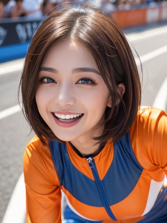 (1 Ultimate beauty)、Very detailedな顔、Detailed lips、Fine grain、double eyelid、Short brunette hair, ((Laughing with your mouth open))、((Small breasts))、(Dark blue and orange racing queen outfit)、that's right, Written boundary depth、Perfect Image Realism, background:((Motorsport Race Track))、Detailed background, Attention to detail in costumes, Perfect lighting、Hyperrealism、Realistic、Maximum resolution 8K, (masterpiece), Very detailed、smile、
