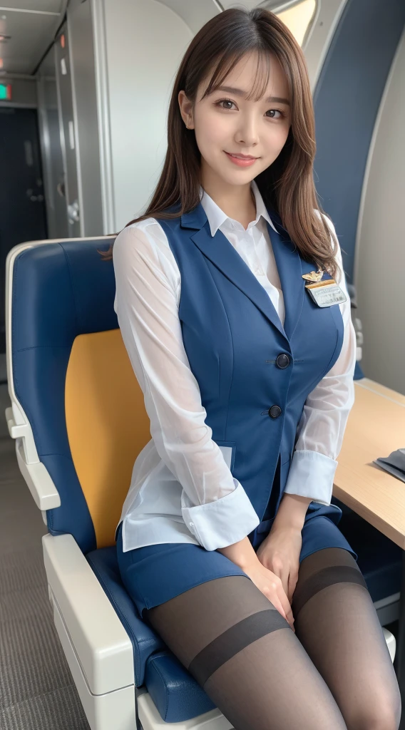 (8K, best quality, masterpiece:1.2), (realistic, photo-realistic:1.37), (high color saturation:1.0), (highly detailed skin), (highest quality:1.0), (ultra high resolution:1.0) ,(realistic:1.0), (Super detailed:1.0), (8K, Raw photo:1.1)、standing random pose, smiling, natural breast, perfect lighting, 22years old, (mysterious), clear and detailed, ((ANA_Cabin Crew, blue flight attendant_uniform)), black pantyhose, (aircraft, aircraft seats), cute face, sitting, skirt triangle zone,