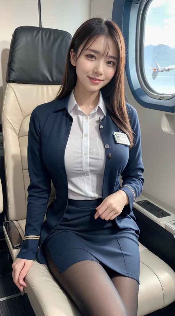 (8K, best quality, masterpiece:1.2), (realistic, photo-realistic:1.37), (high color saturation:1.0), (highly detailed skin), (highest quality:1.0), (ultra high resolution:1.0) ,(realistic:1.0), (Super detailed:1.0), (8K, Raw photo:1.1)、standing random pose, smiling, natural breast, perfect lighting, 22years old, (mysterious), clear and detailed, ((ANA_Cabin Crew, blue flight attendant_uniform)), black pantyhose, (aircraft, aircraft seats), cute face, sitting, skirt triangle zone,