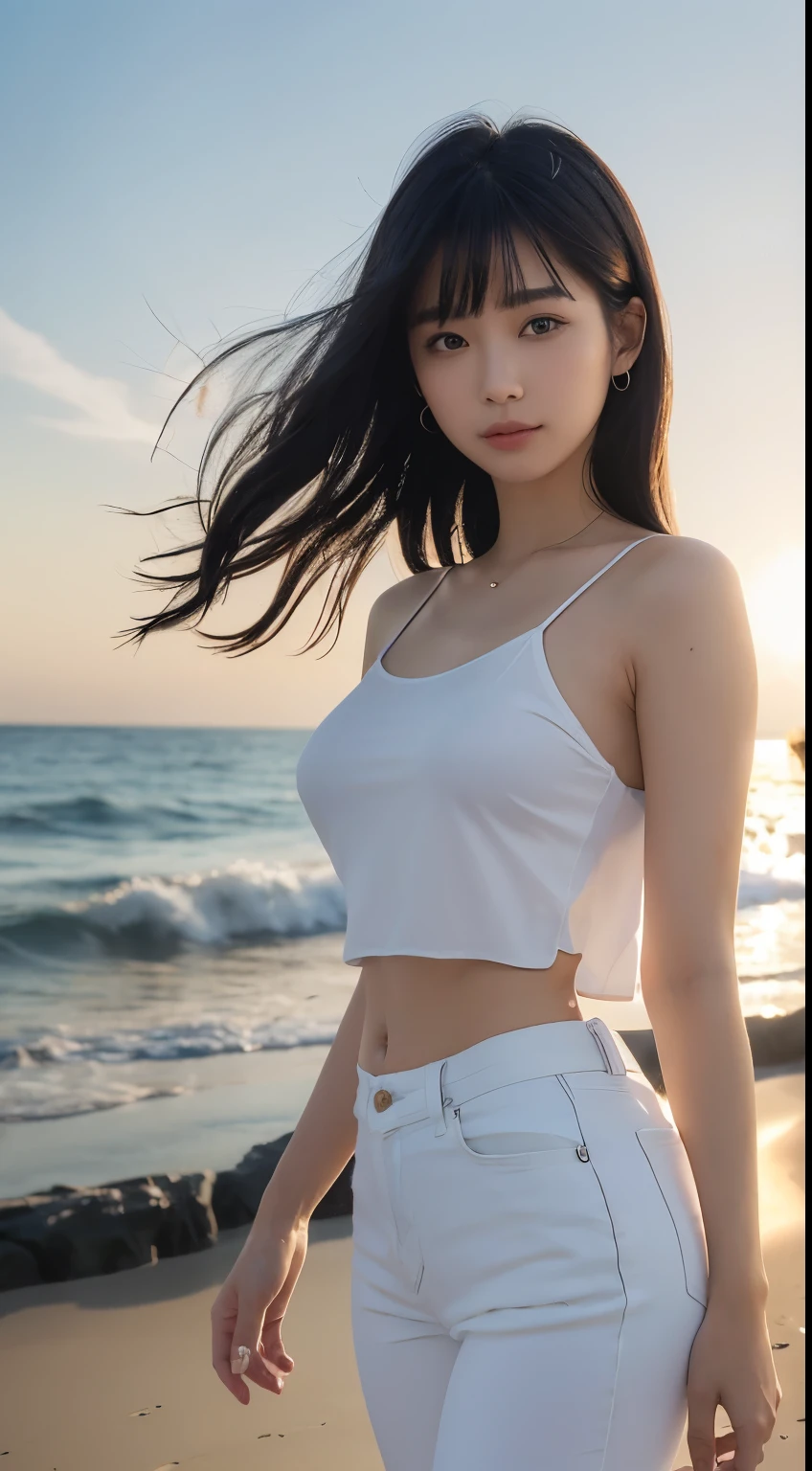 (logo、masterpiece、8k、Tabletop、RAW Photos、wonderful、最high quality、Photorealistic and Very detailed CG integrated 8k wallpaper、high quality、Very detailed、Narrative poem、Particle Effects、Dynamic Effects、Written boundary depth、Cinematic Light、Lens flare、Ray Tracing)、Fantasy、 (One beautiful woman、White pants、White T-shirt、White tube top、White crop top、Black-haired、Beautiful Face、True Face、Beautiful details、eye、Beautiful Skin、Ultimate Body、glamorous)、私の髪はWindに舞う、Hair flutters in Wind、Hair bounces、Seaside、wonderful景色、Coastal、sunrise、Sun in the background、Wind、Beach