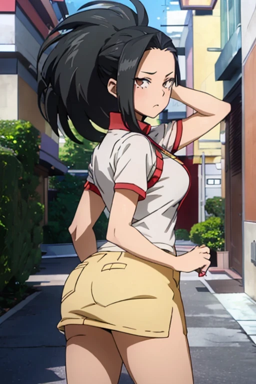 (Momo Yaoyorozu, a character from the anime series My Hero Academia, has long black hair, cat-shaped onyx eyes, and bangs on the right side of her face. Your hair is usually tied in a spiky ponytail),(Wearing),+,(A super tight and sensual straight pencil skirt and a very sexual tight pink blouse),+,(Facing back, sticking her hot ass out to the viewer)