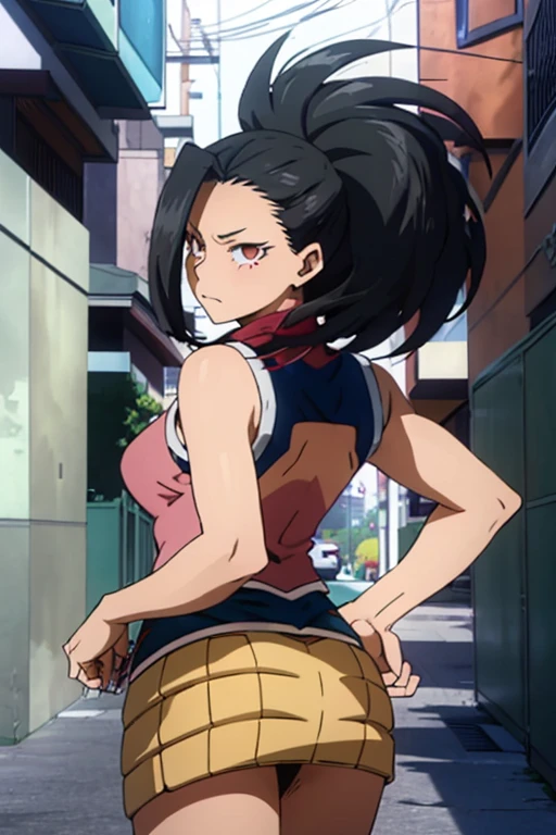 (Momo Yaoyorozu, a character from the anime series My Hero Academia, has long black hair, cat-shaped onyx eyes, and bangs on the right side of her face. Your hair is usually tied in a spiky ponytail),(Wearing),+,(A super tight and sensual straight pencil skirt and a very sexual tight pink blouse),+,(Facing back, sticking her hot ass out to the viewer)