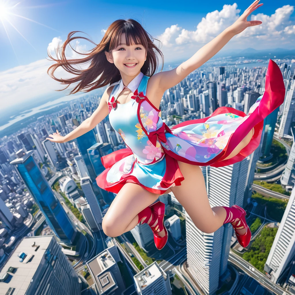 floating, levitation, midair, zero gravity,Photo of a beautiful Japanese young magical girl, smiling politely, wearing a revealing clothes