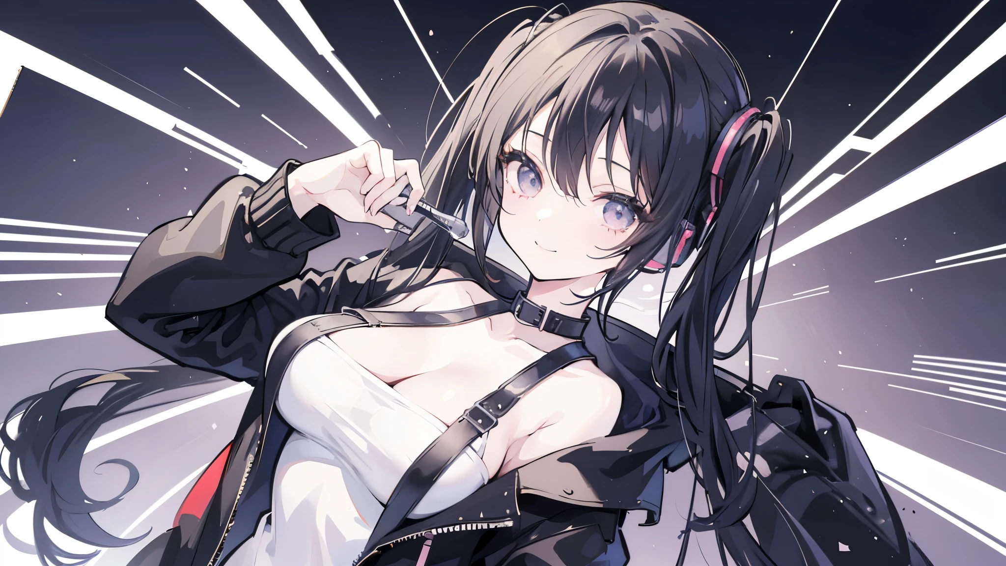 masterpiece,anime style,chibi,sexy girl,black hair,shoulder length hair with two pigtails,black jacket,with headphones,lo fi background,smiling,big breasts,listening to music,waiting on the right side of the image,