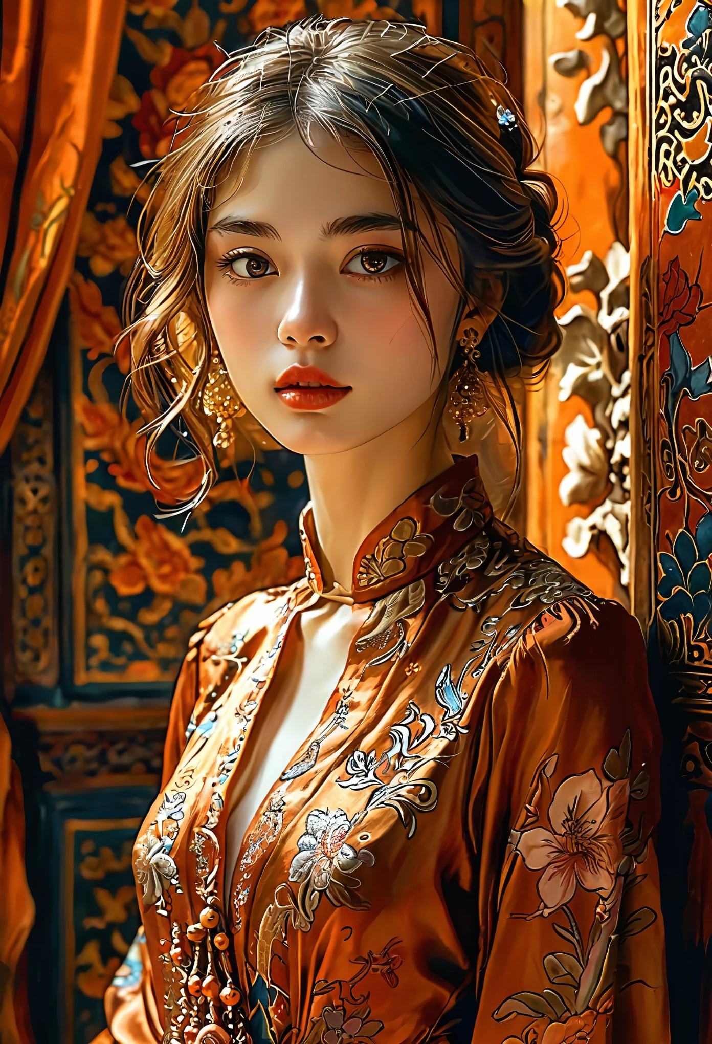 A mysterious girl with charming straight hair, Slender eyes, Sharp jawline, Thin lips, Wearing a reddish-brown silk dress in an oriental style, Presented in the form of digital illustrations,Her mysterious temperament and ethereal beauty are captured through intricate details and vibrant colors.. Classical ink fantasy background,