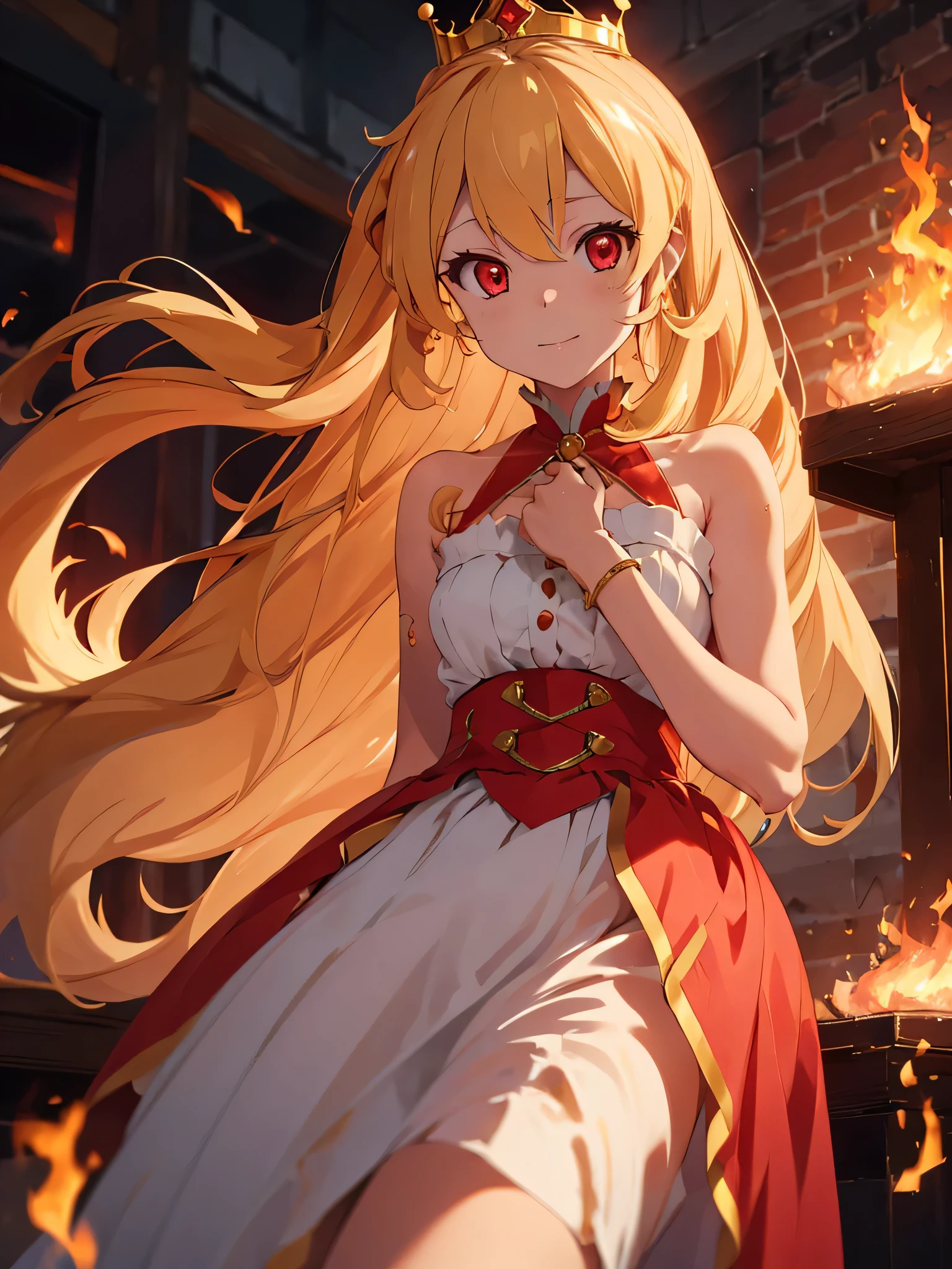 a beautiful woman with long Blonde hair and long dress and long crown on fire with flames, 1girl, solo, long hair, dress, fire, bare shoulders, red dress, RED eyes