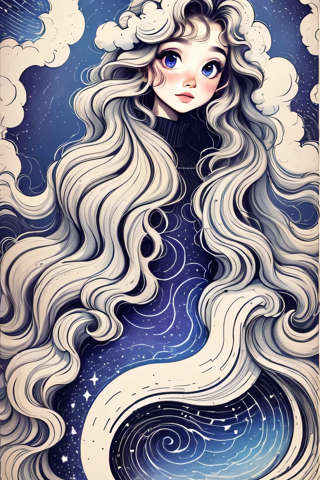 beautiful girl，Long wavy hair，cloud，Star，Milky Way