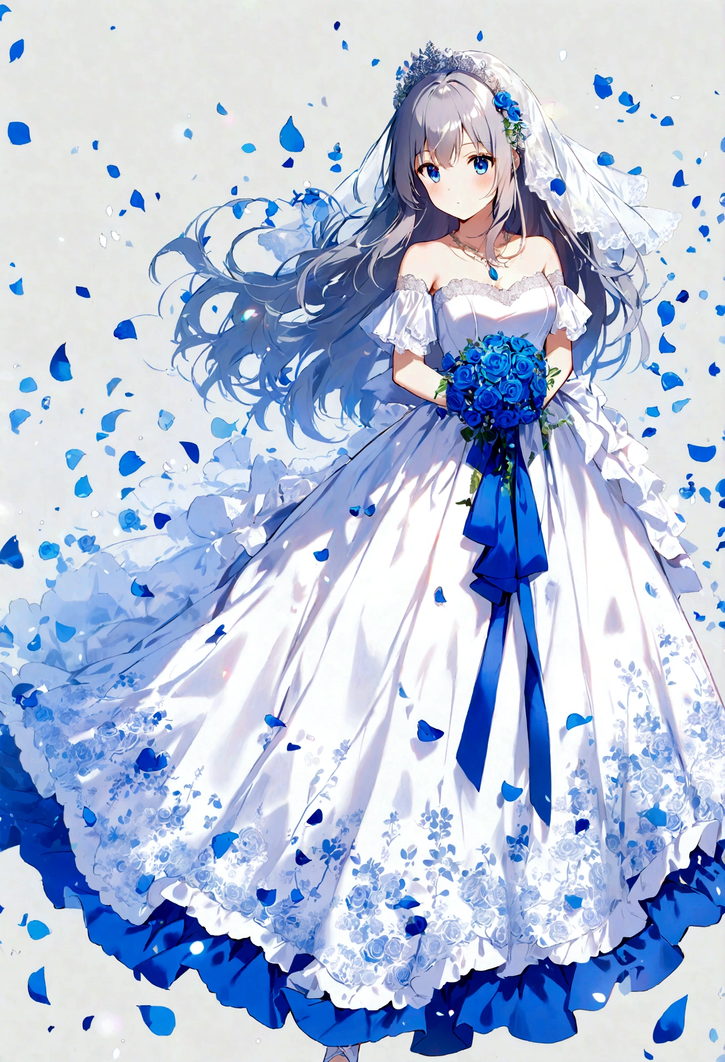 (((Best quality))),((Ultra-detailed)),((illustration)),((Disheveled hair)),((frilld)),(1 girl),(Solo),1girl, 1girl, blue bow, blue eyes, blue flower, blue ribbon, blue rose, bouquet, breasts, dress, flower, gradient, gradient background, grey background, jewelry, long hair, necklace, petals, rose, solo, veil, wedding dress, white dress, lexington \(warship girls r\), gray hair, long dress, full body,