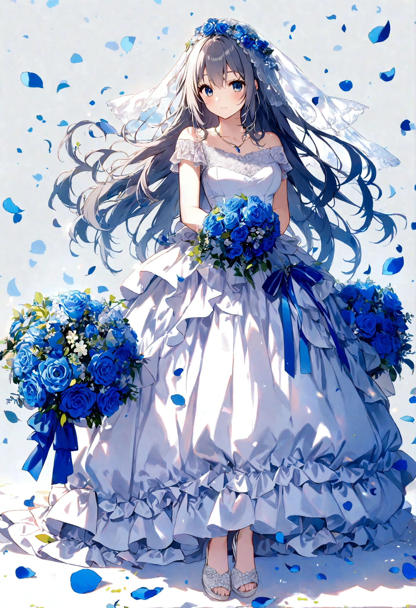 (((Best quality))),((Ultra-detailed)),((illustration)),((Disheveled hair)),((frilld)),(1 girl),(Solo),1girl, 1girl, blue bow, blue eyes, blue flower, blue ribbon, blue rose, bouquet, breasts, dress, flower, gradient, gradient background, grey background, jewelry, long hair, necklace, petals, rose, solo, veil, wedding dress, white dress, lexington \(warship girls r\), gray hair, long dress, full body,