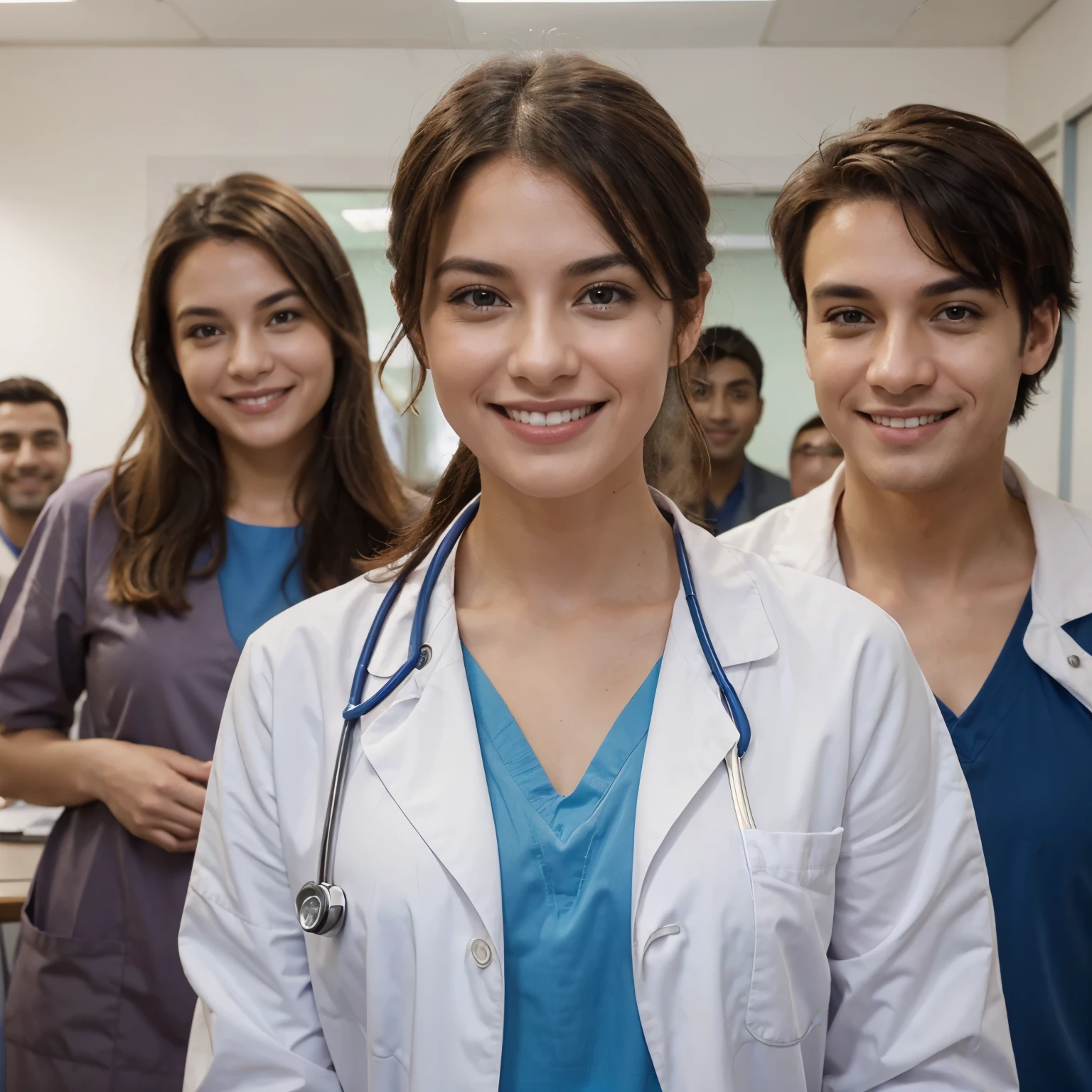 An attractive image of a smiling doctor with satisfied patients in the background.