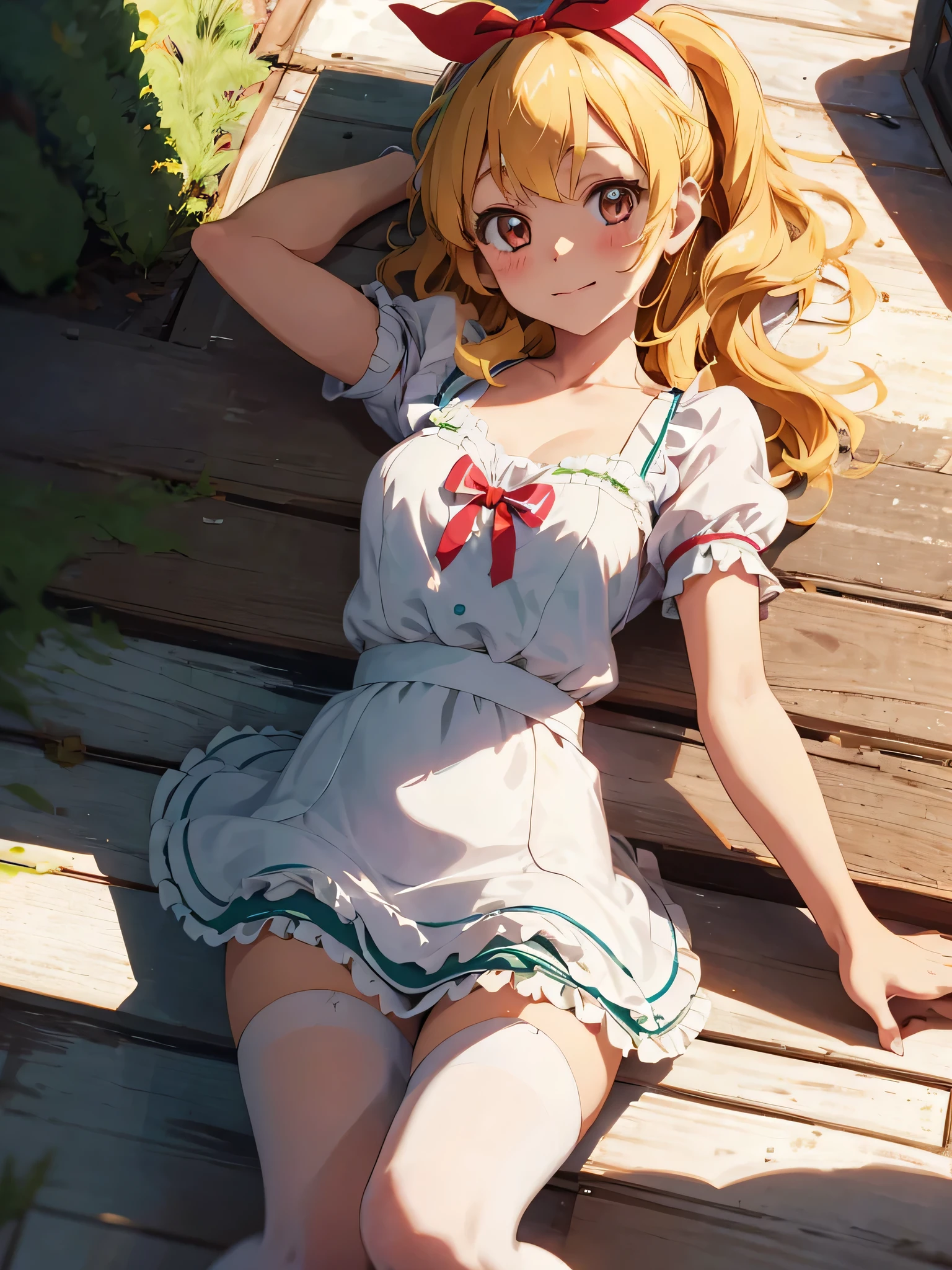 a woman dressed in maid costume laying on the floor on her side, 1girl, hosimiya ichigo, underwear, panties, blonde hair, solo, apron, cameltoe, white apron, blush, outdoors, green eyes, white panties, short sleeves, frills, maid, sky, bow panties, frilled apron, short hair