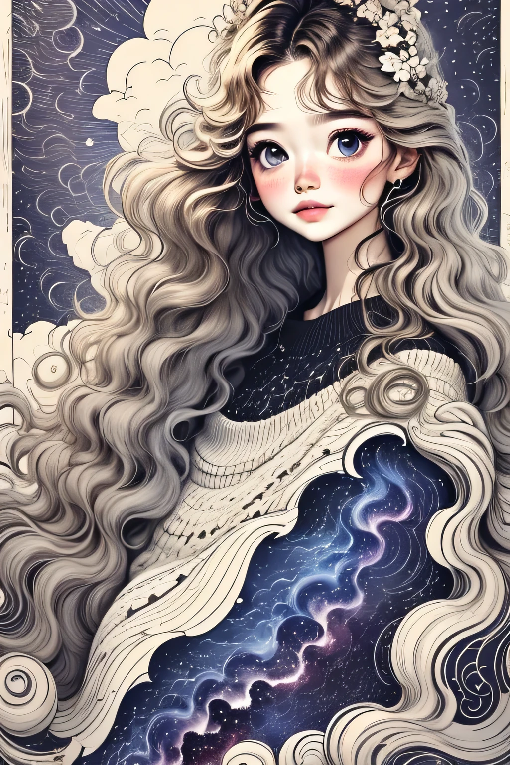 beautiful girl,Long wavy hair,cloud,Star,Milky Way