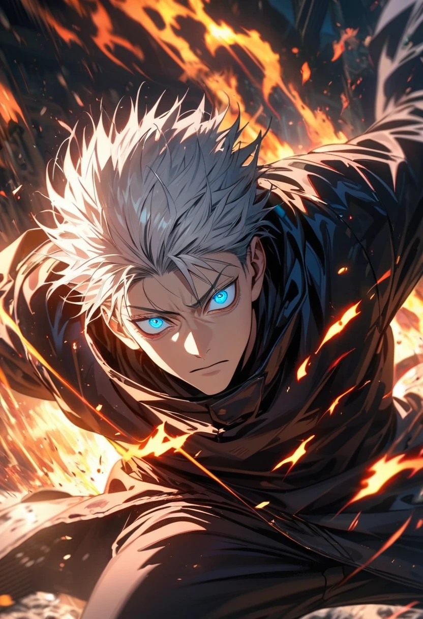absurdres, highres, ultra detailed, HDR, masterpiece, extremely detailed face and eyes, Gojo Satoru , white hairs, expressive beautiful blue eyes, Jujutsu Kaisen, solo, man, handsome, ,black shirt, , Epic fight scene, flames effect, glowing glitters