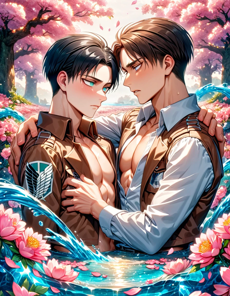 Ultra detailed, Highres, absurdres, HDR, master piece, Eren Jeager, brown hair, expressive turquoise eyes, Levi Ackerman, black hair, expressive silver eyes, Shingeki No Kyojin, two sexy man together, gay couple, love, extremely detailed eyes and face, water, pink flowers, blossoms, petals, fantasy, magic, best quality, sexy, toned chest, brown jacket, white shirt, handsome, yaoi