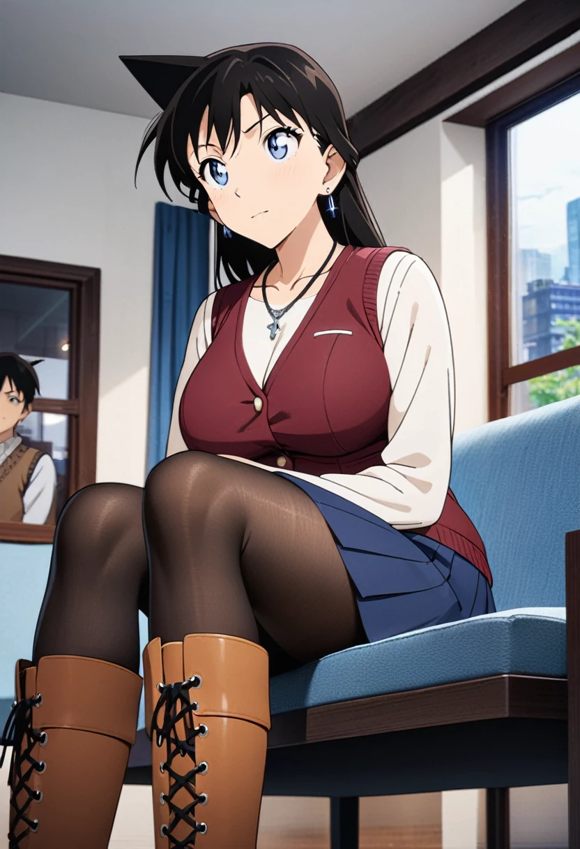 (masterpiece, best quality:1.2), ((Super detailed)), high resolution, Anime style , photo, photography, Detailed background,1 black hair busty beauty, Thunder and lightning, (Pantyhose), boots,Cowboy shooting, looking at the audience,A faint smile, earrings, skirt, Necklace, Vest, Cross your legs, from below, On the sofa, Windows, living room,