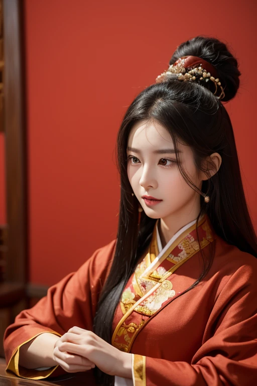 (Young woman:1.4,), 30 years, black brown hair,Chinese-style coiled hair, kind face,.Asia face,looking at the camera in,Wearing Chinese Zen clothing,The temperament is elegant，Perfectly Centered Portrait Photo,calm expression, smart, serious, acupuncture, chinese medicine, dae jang geum style