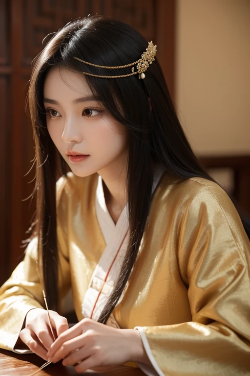 (Young woman:1.4,), 30 years, black brown hair,Chinese-style coiled hair, kind face,.Asia face,looking at the camera in,Wearing Chinese Zen clothing,The temperament is elegant,Perfectly Centered Portrait Photo,calm expression, smart, serious, acupuncture, chinese medicine, dae jang geum style