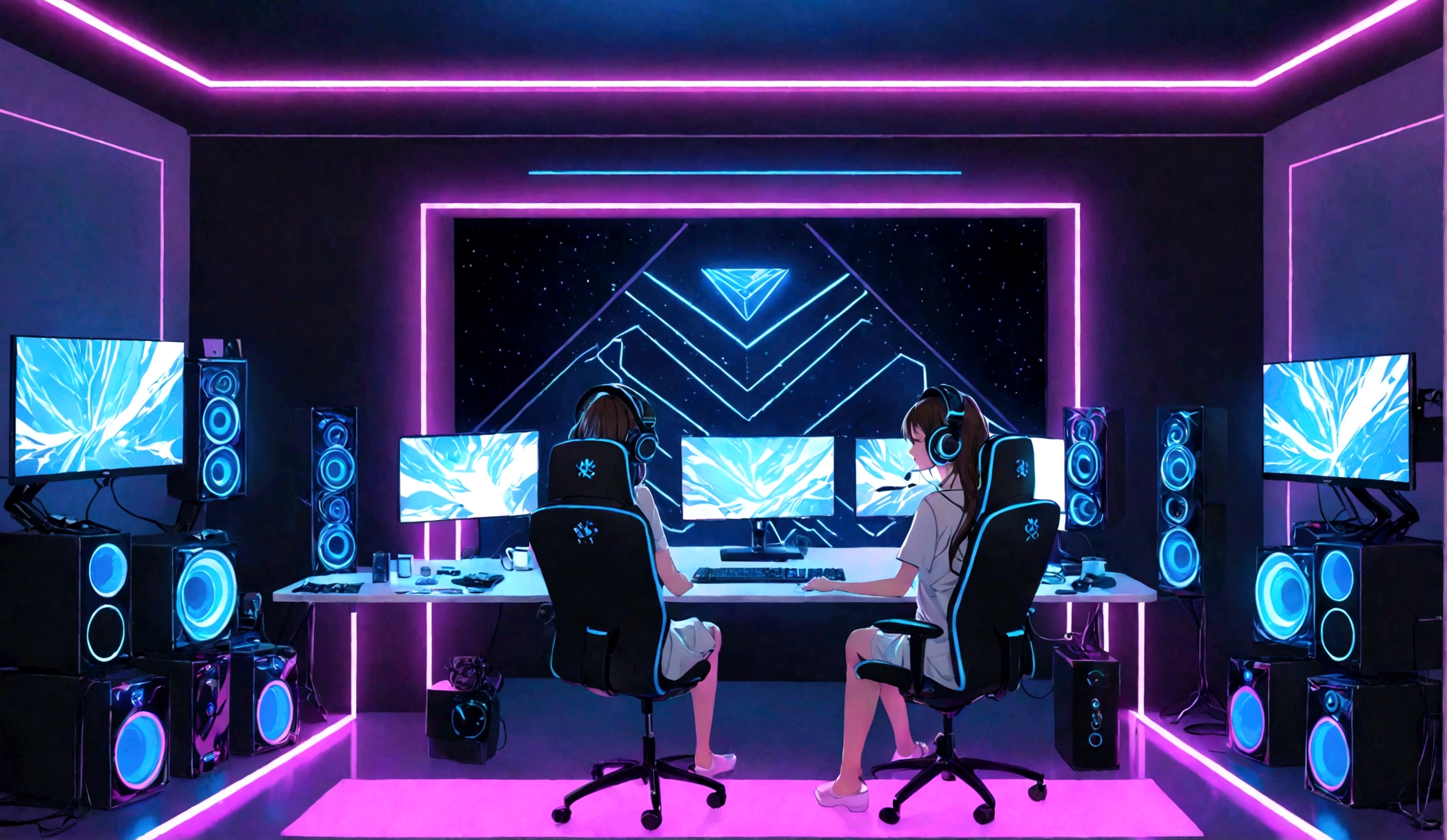 Streamer room, gaming PC, room bright with LED lights, gamer girl, simple and cute room, beautiful and cute woman using PC, one woman ((PC monitors are 1 horizontal and 1 vertical) (stand only)), blue and white theme, the room has white walls and blue LED lights in the four corners of the room, there is a woman from behind in the center of the screen, 8k, super sharp focus, (((for women Increase screen ratio))), woman looking at PC from behind in the center, headphones, chair, microphone, neon lights, blacklight, no windows, computer, keyboard (computer), speakers, masterpiece, top quality, volume lighting ,