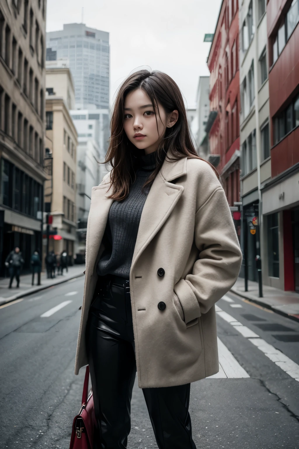 One with black pants, red sweater and gray coat