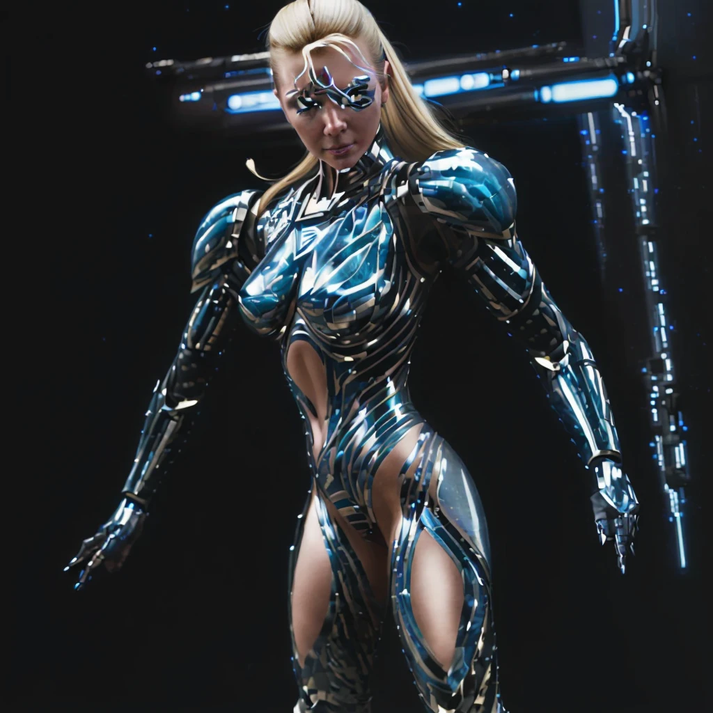 in space, an armored warrior (lovely woman, skin tight cyber armor) poses with star light gleaming, action poses, high tech weapons