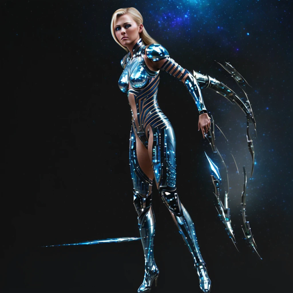 in space, an armored warrior (lovely woman, skin tight cyber armor) poses with star light gleaming, action poses, high tech weapons