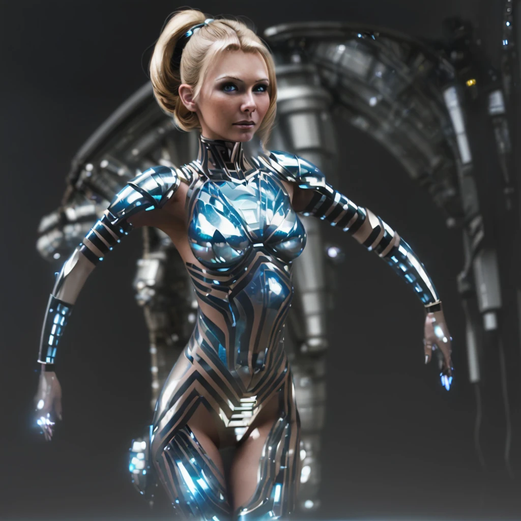 in space, an armored warrior (lovely woman, skin  tight cyber armor) poses with star light gleaming, action poses, high tech weapons
