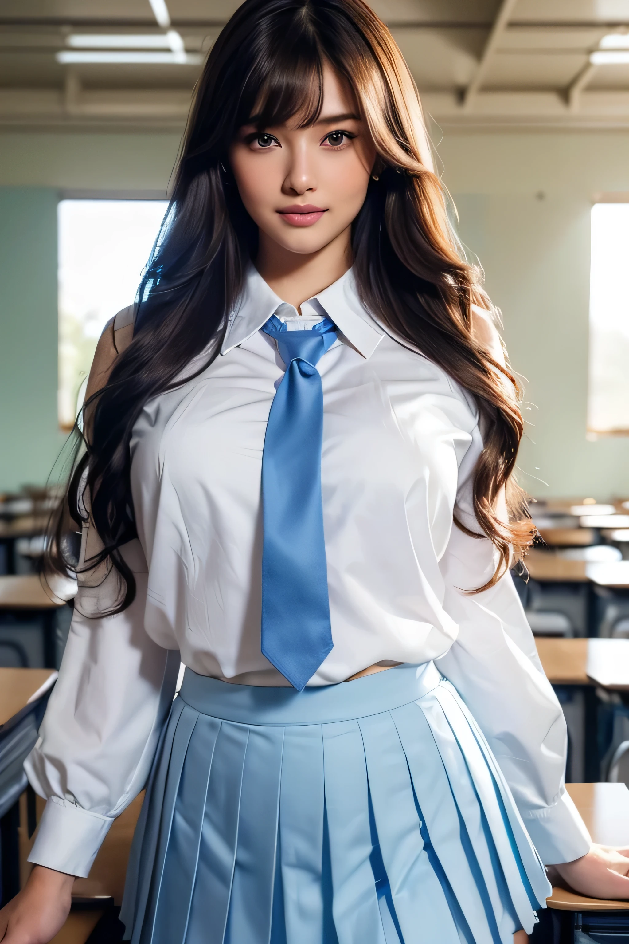 Beautiful detailed face、Pale skin、Realistic glowing skin、Detailed cloth texture、Detailed hair texture、Perfect body、Beautiful Face、correct、Anatomically correct、 Highly detailed face and skin texture、Natural neck length、(Beautiful Hands)、(Fair skin:1.2)、Thin legs、Thin legs、 Break Fine Eyes、Symmetrical eyes、Light brown eyes、double eyelid、Thin eyebrows、(Glossy Lips:1.4)、((Gentle smile:1.2))、(blush:1.1)、 break (Elegant and cute girl:1.3)、Medium chest、(Slim body type:1.1)、Toned Abs、Beautiful clavicle、 (Dark Blonde、Wavy Hair、Long Hair:1.2)、 ((Asymmetrical bangs:1.2))、((In the classroom at night school:1.4))、(Cowboy Shot:1.2)、Side view:0.65、Information masterpiece, 最high quality, high quality, High resolution, Beautiful Face、(Realistic Face)、Realistic eyes、Beautiful fine details、Realistic Skin、Beautiful Skin、Ultra-realistic、Very detailed、Beautiful lighting、Sharp focus、Mr.々A pose、超Detailed face、Fine details and hair、Brown Hair、Long Hair、Beautiful Hairstyles、Detailed face、Exposed breasts、Cleavage、((Face close-up))、Full Body Shot、((Full figured supermodel standing, Full body in frame))((A shy smile:1.3)), ((wearing High School Uniform:1.4))、((wearing White blouses with emblem、Blue tie、Light blue pleated skirt:1.4)、