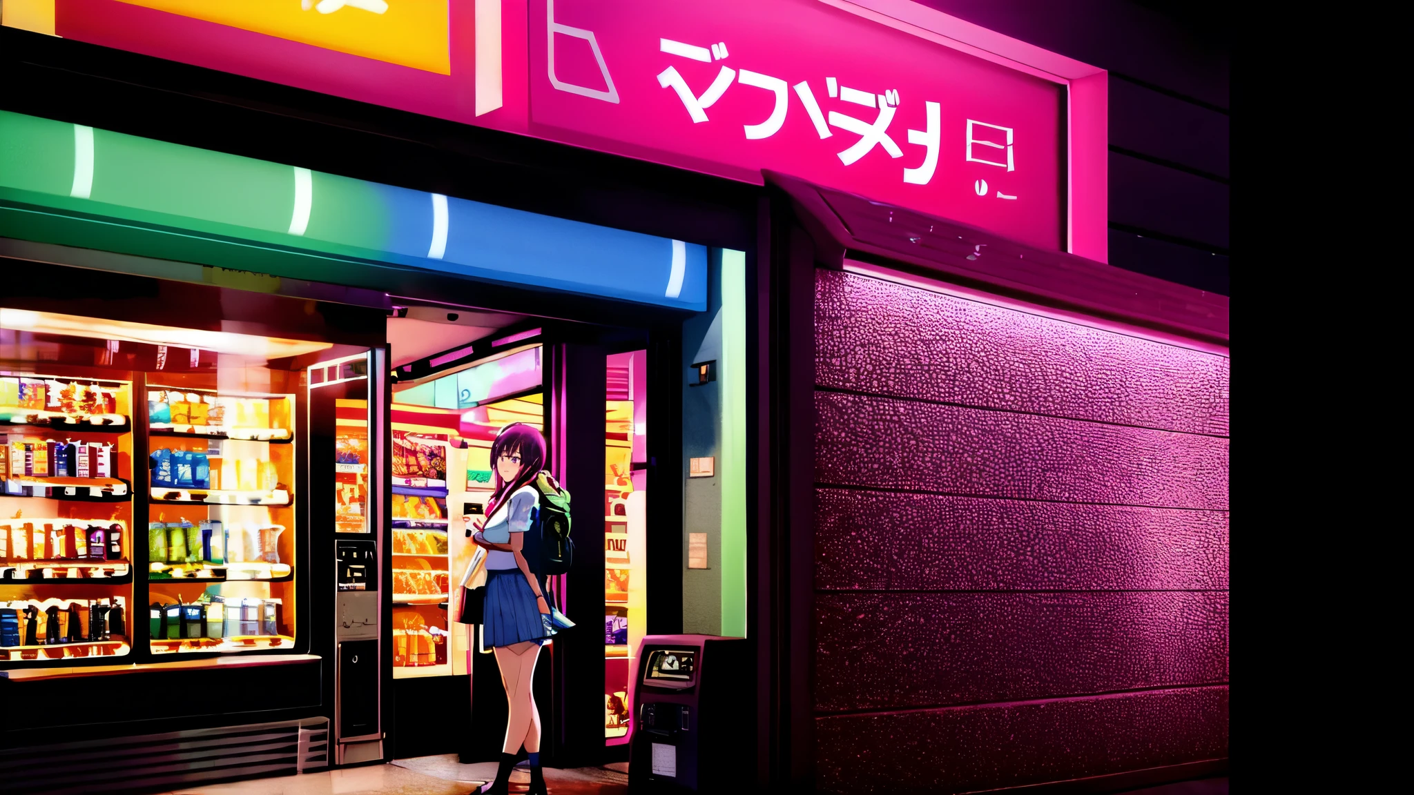 photo cute anime grirl, cute, close up, entire, drawing, manga, night, retrowave scene, anime, 16x9, city night, student, arcades, scantily clad girl, photogenic, exhibitionist, 2d, colorful, arcade, a girl in a city, anime characters, anime style, 2d, drawn, not 3d, not realistic, Japanese school girl, perfect anatomy, voluptuous, sexy, beautiful, beautiful proportions, strange clothes, huge breasts, from the waist up, close up, varied scenery , vending machine, ramen restaurant, close-up camera, different angles, anime style, leaning against the wall, cell phone grip, with backpack on the back, long hair, strong makeup, closed scenery, not very wide, detailed, high definition , detailed background, evangelion, naruto, taiho shichauzo, konosuba, sakura, sailor moon, nami, epic