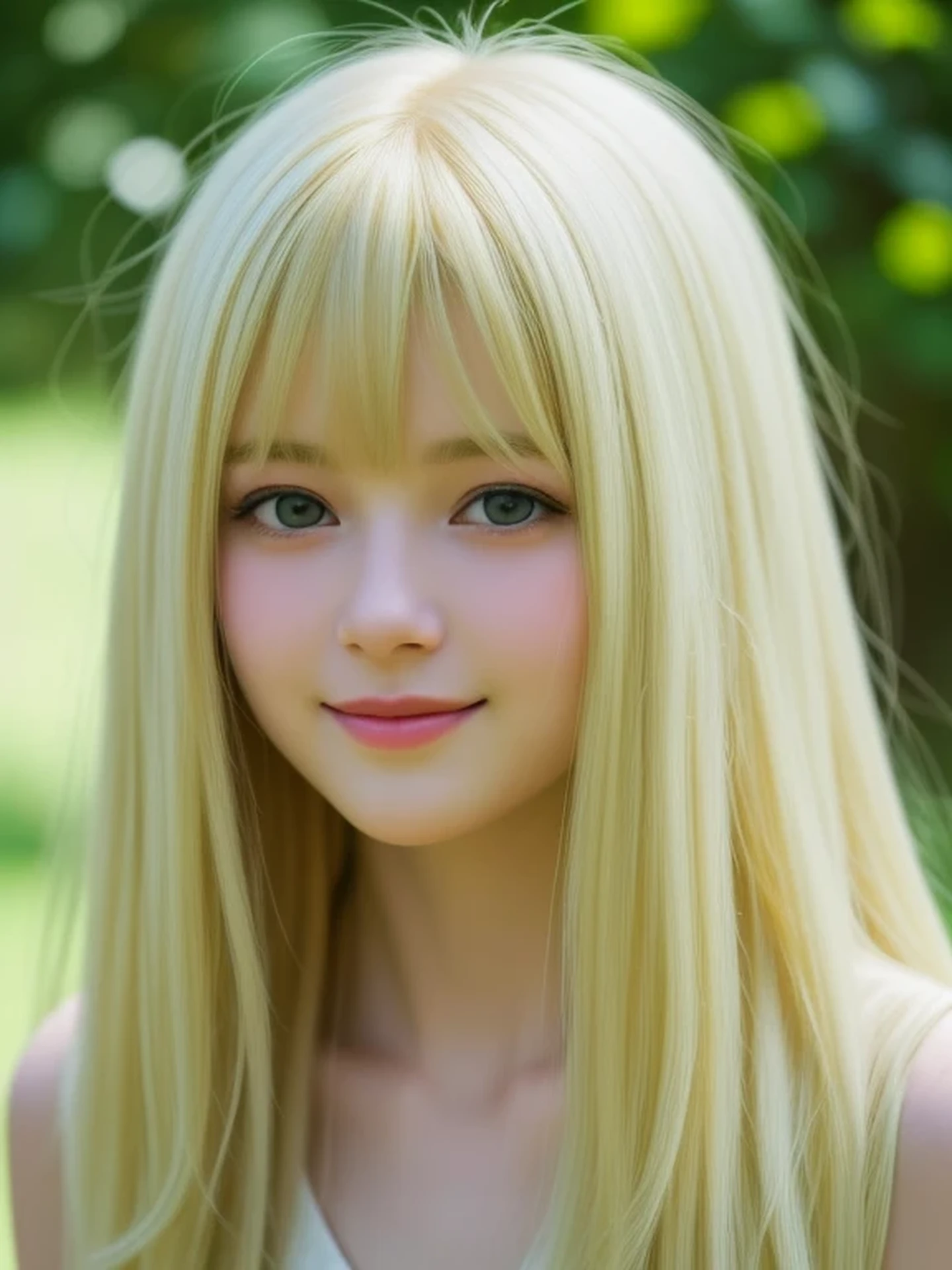 To the camera, Realistic digital painting of a woman portrait, Shy, Cute Smile, (medium Hair:1.1), bangs, (Soft silky Blonde Hair:1.3), (Highly detailed skin:1.2), Mystical style, Global Illumination,