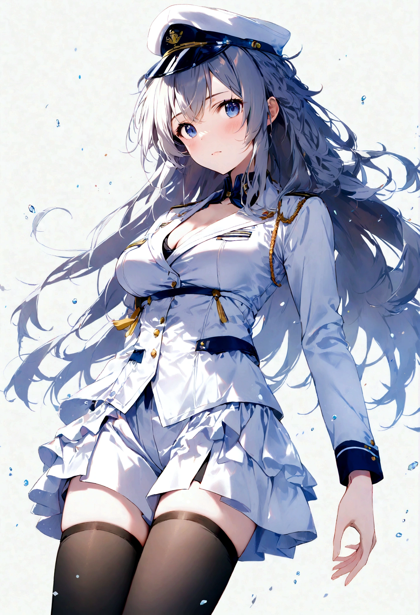 (((Best quality))),((Ultra-detailed)),((illustration)),((Disheveled hair)),((frilld)),(1 girl),(Solo),1girl, 1girl, blue eyes, breasts, cleavage, gradient, gradient background, long hair, military, shorts, solo, thighhighs, lexington \(warship girls r\), white headwear, white military uniform, white naval uniform, legwear, gray hair,