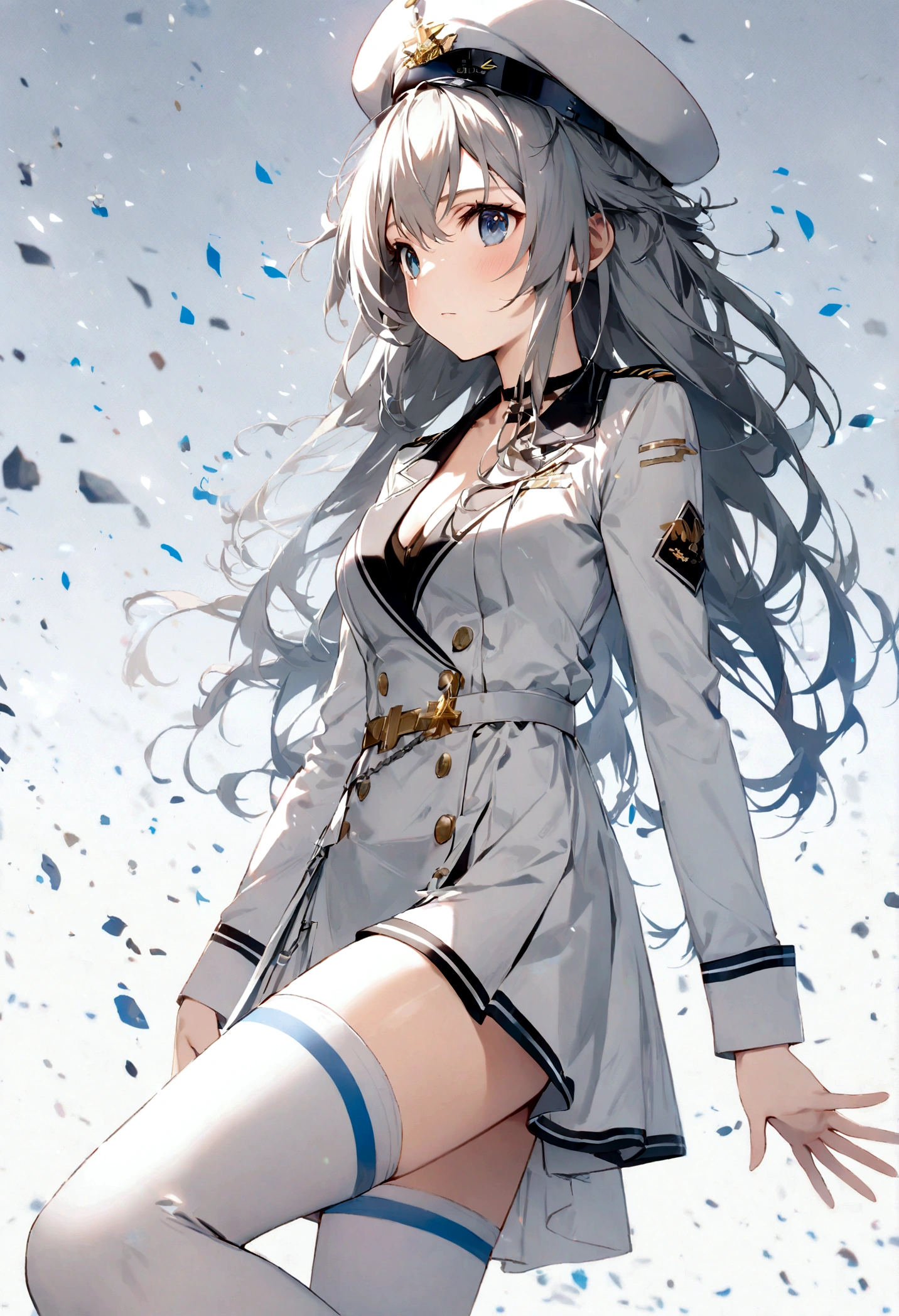 (((Best quality))),((Ultra-detailed)),((illustration)),((Disheveled hair)),((frilld)),(1 girl),(Solo),1girl, 1girl, blue eyes, breasts, cleavage, gradient, gradient background, long hair, military, shorts, solo, thighhighs, lexington \(warship girls r\), white headwear, white military uniform, white naval uniform, legwear, gray hair,