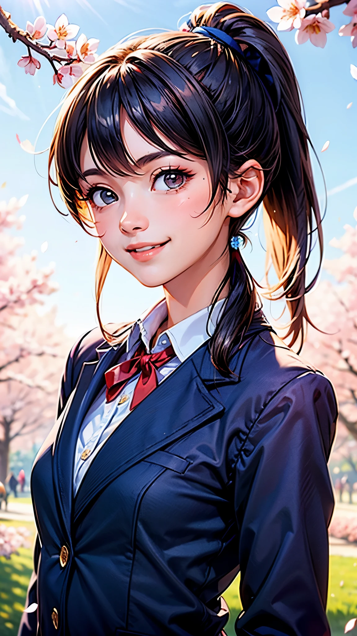 ((blue sky:1.5)),(cloud),((japanese High school uniform:1.2))、(dark Navy Blue Blazer:1.5),((Red ribbon on White shirt)),((Cherry blossom park)),flower petals in air,(RAW photo, best quality), (Beauty photography:1.3),(masterpiece),(4K),(light bokeh), ((backlit:1.5)),((upper body)),from front,((japanese,1girl)), ((long Black hair)),(low ponytail:2),leaning forward,standing, ((happy smile)),asymmetric_bangs,((small sized breasts)),(flower petals in air)