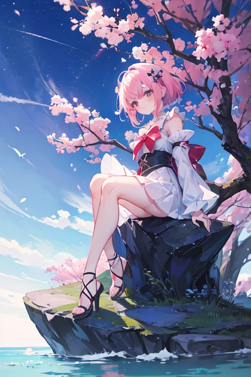 Anime girl sitting on a rock with her hands up, Full Body Commission, Full body portrait of a short!, oc commission, Enchanting anime girl, On pixivトップ評価, High resolution consignment, On pixiv, Anime Moe Art Style, haruno sakura, shirabii, Anime full body illustration, !!Full body portrait!!, zerochan art