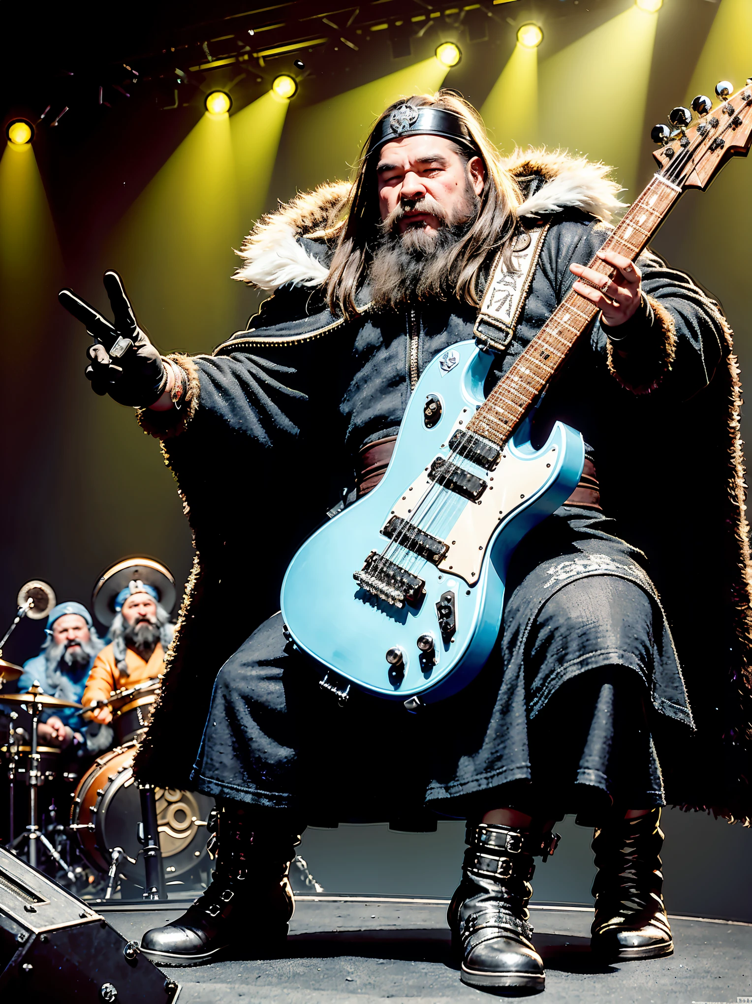 Portray a group of dwarven miners from the Deep Rock Galactic corporation with a unique Scandinavian-Mongolian style. In the center of the stage stands the lead vocalist - a dwarf with a powerful, in a sonorous voice, expressing the hard work and camaraderie. His harsh and raw vocals convey deep emotions with melodic clarity.. The vocalist looks sincere and passionate, reflecting determination and moments of loneliness.

A group of dwarves dressed in hybrid costumes, combining elements of Scandinavian folklore (patterns, runes, fur capes) and Mongolian culture (traditional headdresses, leather and metal parts). Dwarves hold tools in their hands, reminiscent of electric guitars, bass guitars and drums, made in an industrial style with accents on Scandinavian and Mongolian design.

The background of the image is a space mining landscape with high cliffs, dark tunnels and starry skies. Futuristic elements of the Deep Rock Galactic corporation are visible in the background.: glowing mines, flying drones and powerful drilling rigs.

Dwarves on stage:

Vocalist with a thick beard and long hair, in a heavy leather jacket with metal inserts and a fur cape, radiating strength and confidence.
Guitarist with clean, melodic riffs, dressed in a suit with runic patterns and Mongolian motifs, adding atmosphere to the sound.
Bassist with a solid bass line, supporting harmonic structure, dressed in heavy boots and body armor with decorative elements.
Drummer with dynamic playing, creating a powerful rhythm, in a suit with industrial metal elements, decorated with LEDs and metal plates.