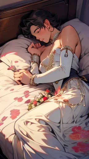 Shy princess, flowers, chains, bedroom, laying on the bed, and a man