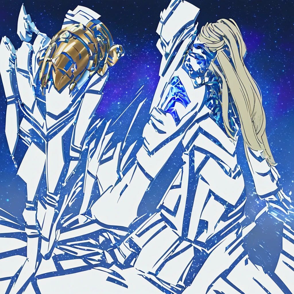 in space, an armored warrior (lovely woman, skin tight cyber armor) poses with star light gleaming, action poses, high tech weapons
