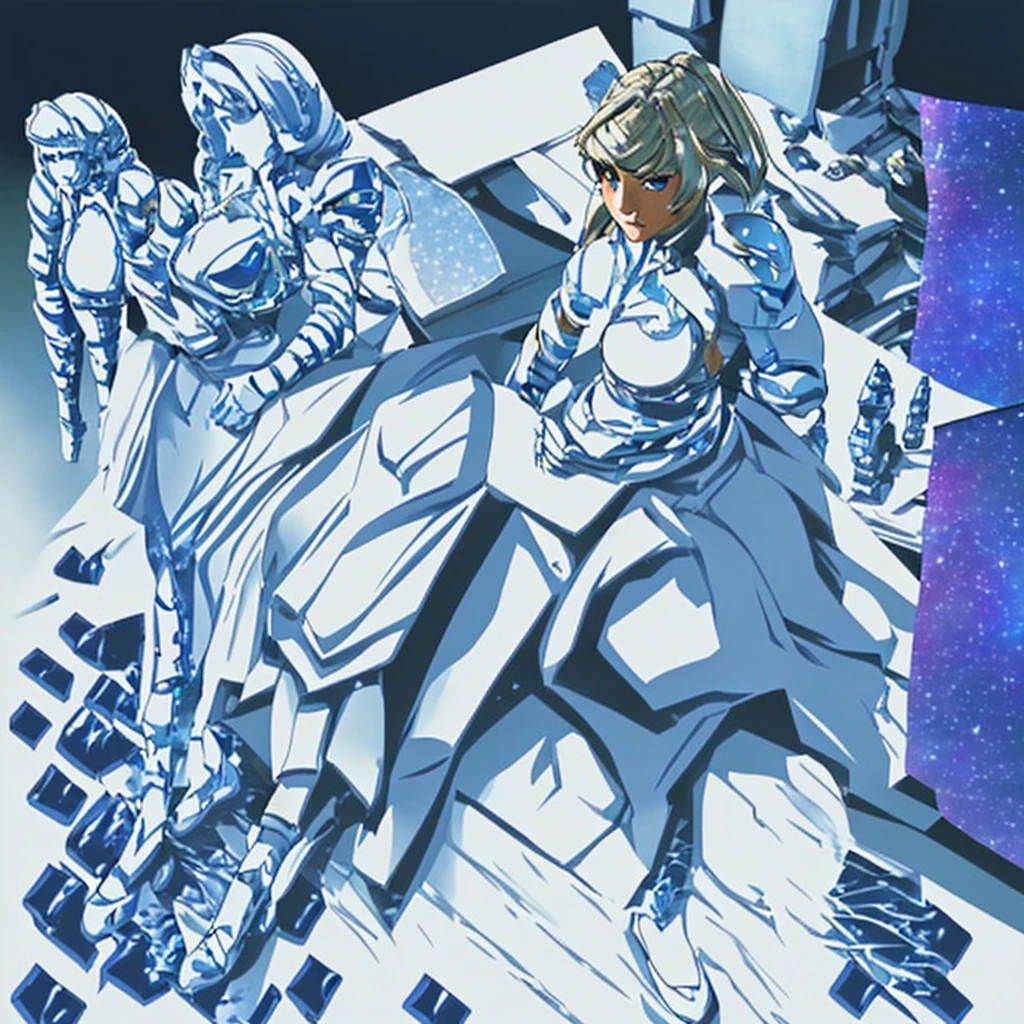in space, an armored warrior (lovely woman, skin tight cyber armor) poses with star light gleaming, action poses, high tech weapons
